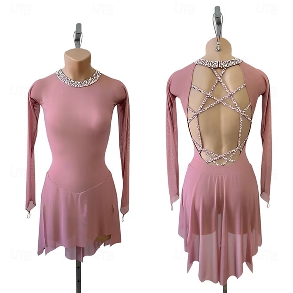 Abito da pattinaggio artistico Per donna Pattinaggio sul ghiaccio Vestito Nero Rosa Patchwork Schiena aperta Elasticizzato Allenamento Competizione Vestiti da pattinaggio sul ghiaccio Classico del 2026 a $258.99 –P4