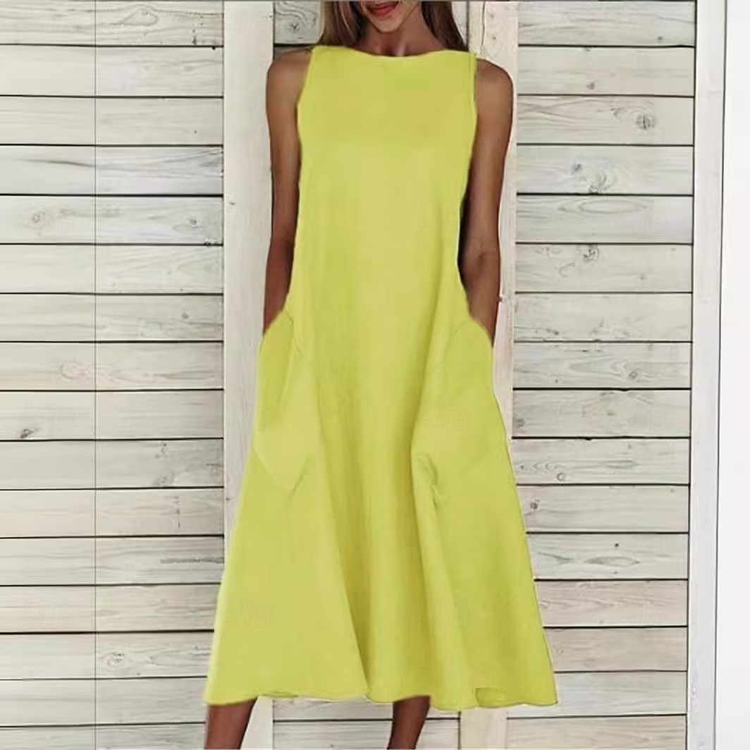 damska sukienka midi bez rękawów kieszenie swobodna linia A okrągły dekolt biała lato uniwersalna regularny krój wygodna lekka oddychająca odzież odzież 2026 - $26.99 –P5