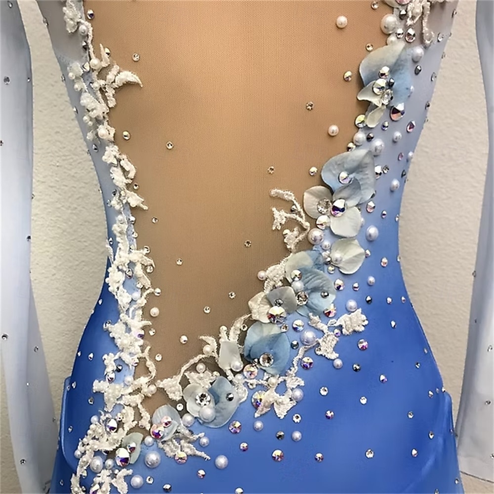 Robe de patinage artistique Femmes Patinage Robe Bleu + Blanc Patchwork Ourlet asymétrique Élastique Entraînement Compétition Tenue de Patinage Classique cristal pailleté manche longue Patinage sur de 2026 ? $306.69 –P3
