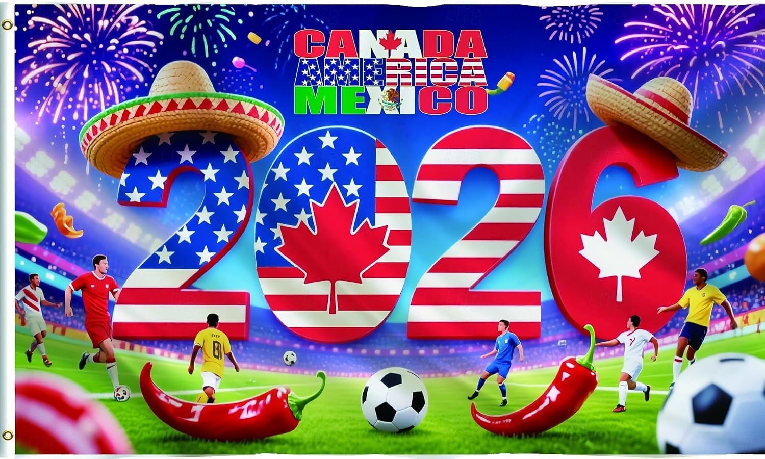 Bandeira para a Copa do Mundo de Futebol de 2026 com símbolos nacionais, perfeita para comemorações e eventos esportivos, uma bandeira vibrante para apoiar os torcedores. de 2026 por $11.99 –P4