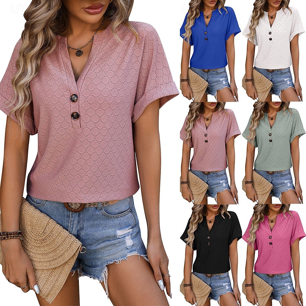 Damen T Shirt T-Shirt Knöpfe Einfach Mode Stilvoll Klassisch Kurzarm V Ausschnitt Normale Oberteile Täglich Ausgehen Wochenende Blau Schwarz Purpur Fuchsie Grün Sommer Frühling 2026 - $21.99 –P1