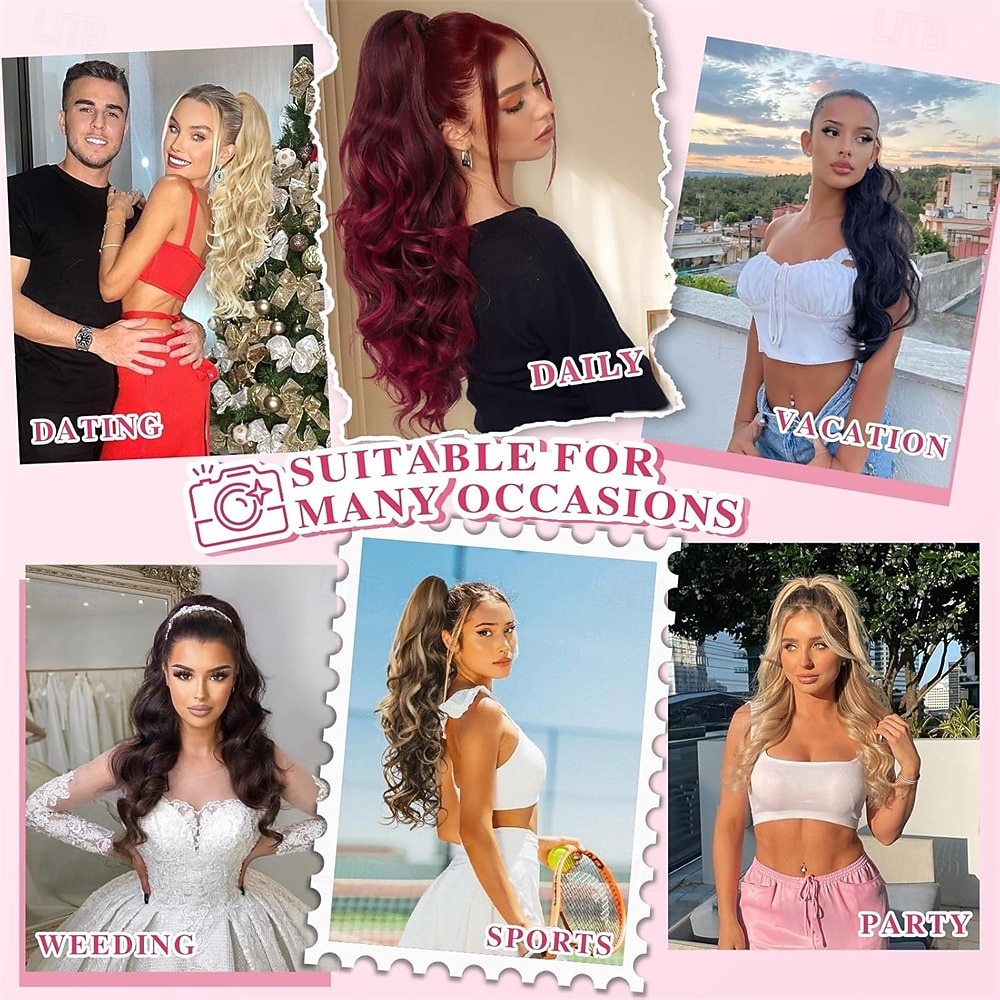 2026年 24インチの長いウェーブポニーテールエクステンション、バーガンディオンブルクロークリップヘアピース、長いカールウェーブワインレッドポニーテールヘアエクステンションジョークリップオンポニーテールヘアピース女性用24インチ  コレクション – $22.99 –P6