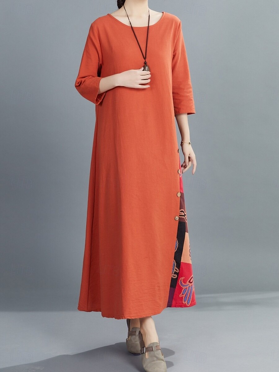 Robe maxi en lin pour femme faux coton robe décontractée coupe ample graphique floral manches 3/4 col rond noir jaune rouge violet été printemps de 2026 ? $22.99 –P2