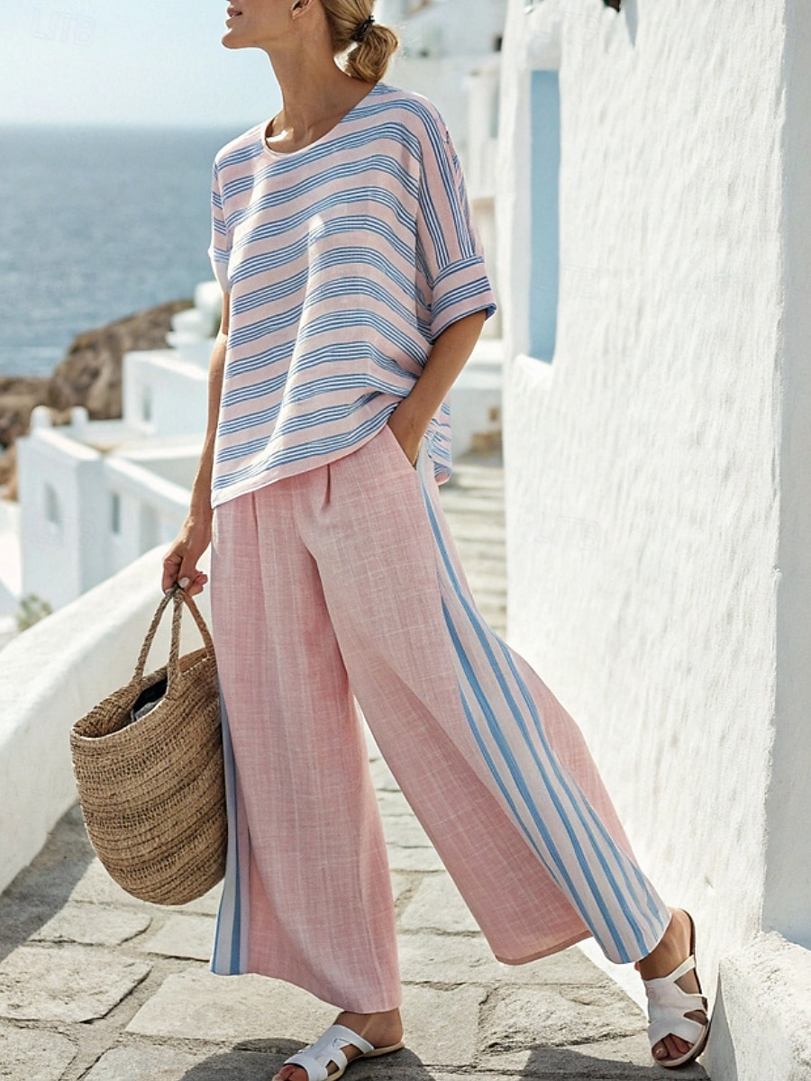 Women's Pants Sets Bolero 3/4 Length Sleeve Crew Neck Striped Fashion Streetwear Casual Daily Outdoor Blue Light Green Pink Summer Regular Fit 2026 - $41.99 –P3
