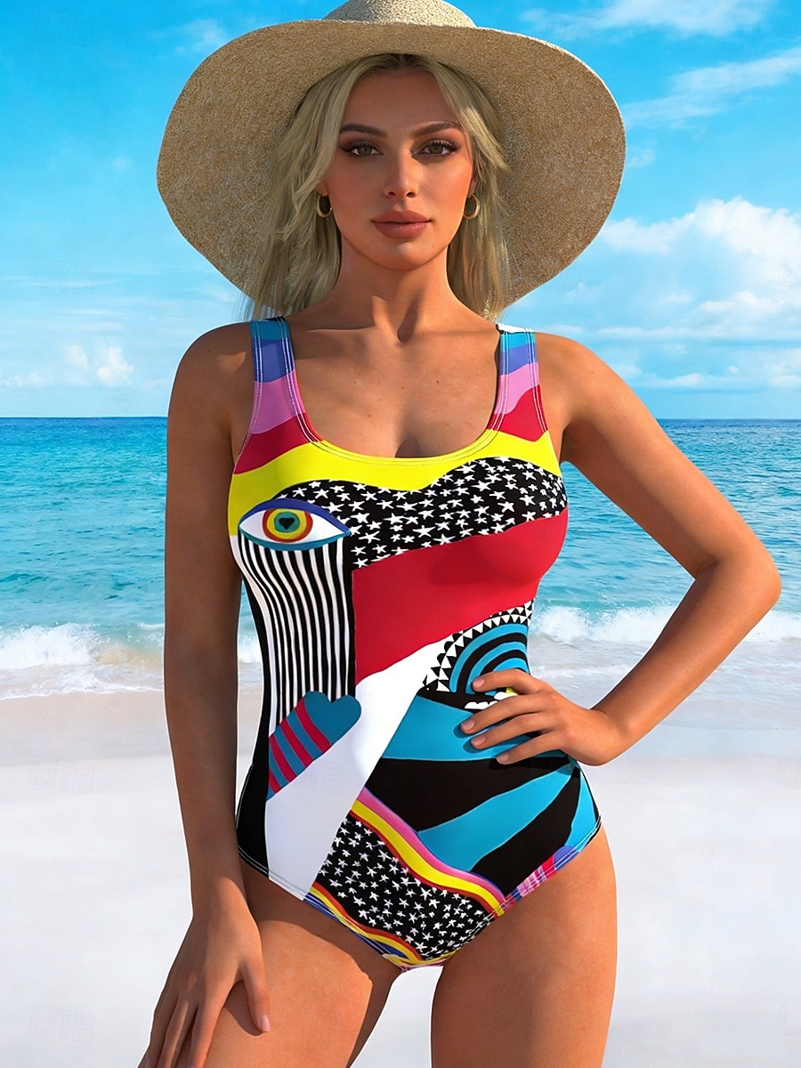 Жен. Купальники Один кусочек Высокий вырез купальник Одежда для пляжа лето Графика Геометрический принт U-образный вырез Без рукавов Купальники 2026 - $32.99 –P4