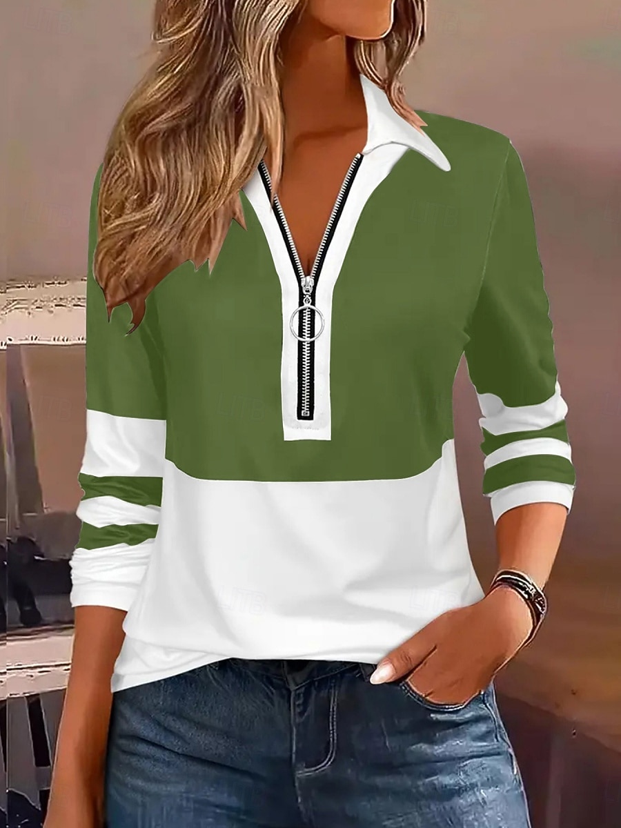 Women's Blouse Zipper Striped Stylish Casual Long Sleeve Turndown Regular Tops Daily Blue Black Wine Brown Green Spring Fall 2026 - $22.99 –P8