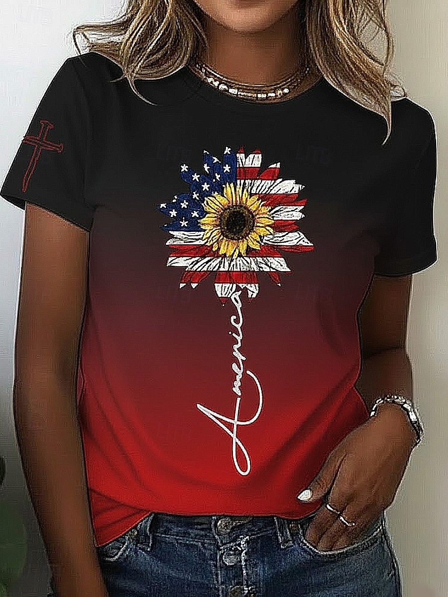 Патриотическая майка ко Дню независимости Женская футболка графический флаг винтажный стильная классическая с коротким рукавом круглый вырез обычная футболка повседневная выходные печать синий 2026 - $22.99 –P9