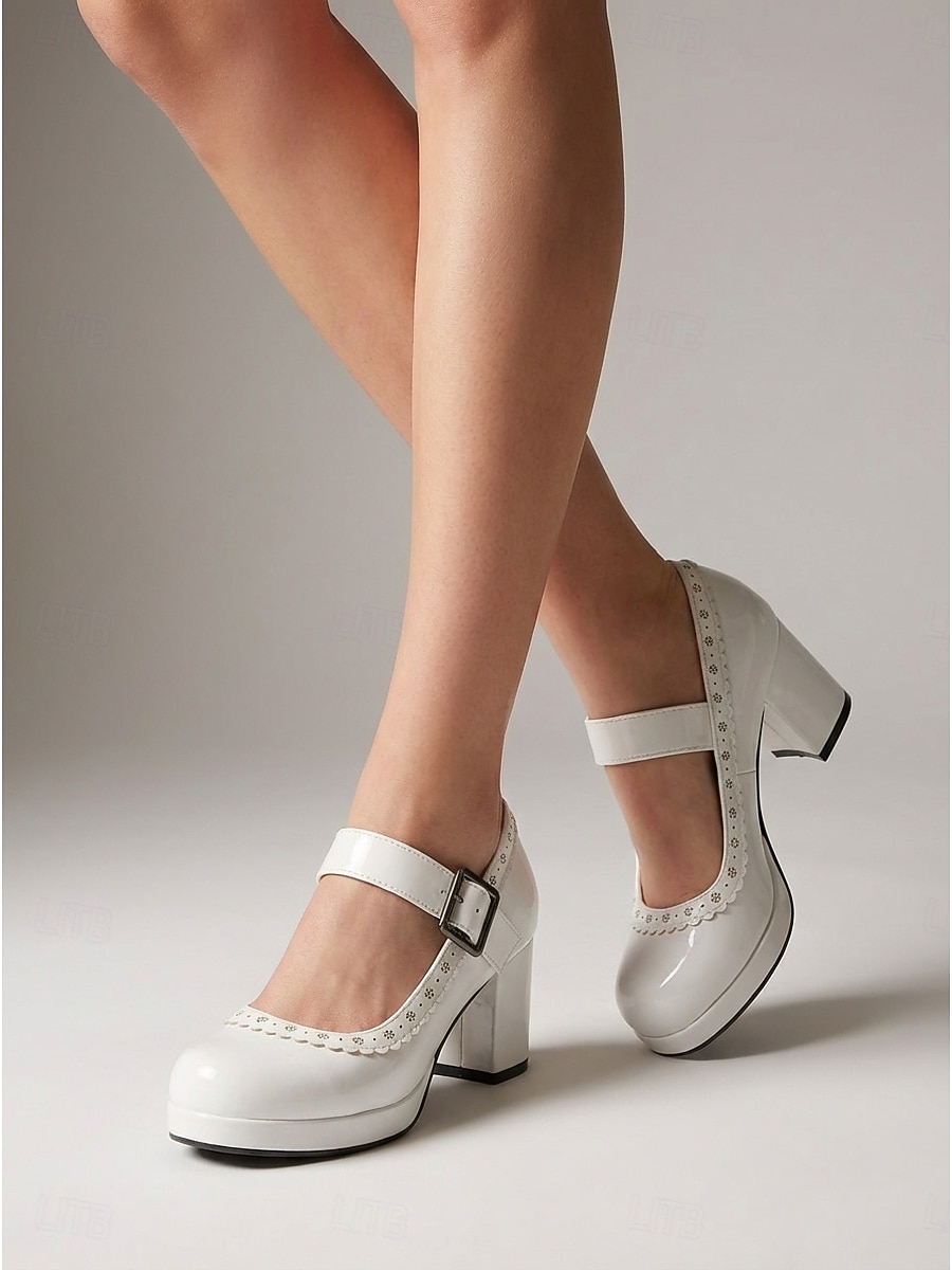 Zapatos Mary Jane vintage de los años 50 para mujer: elegantes tacones de bloque de charol negro sintético con ribete festoneado para fiestas retro y eventos rockabilly. &estilo de mediados de siglo 2026 - $59.99 –P3