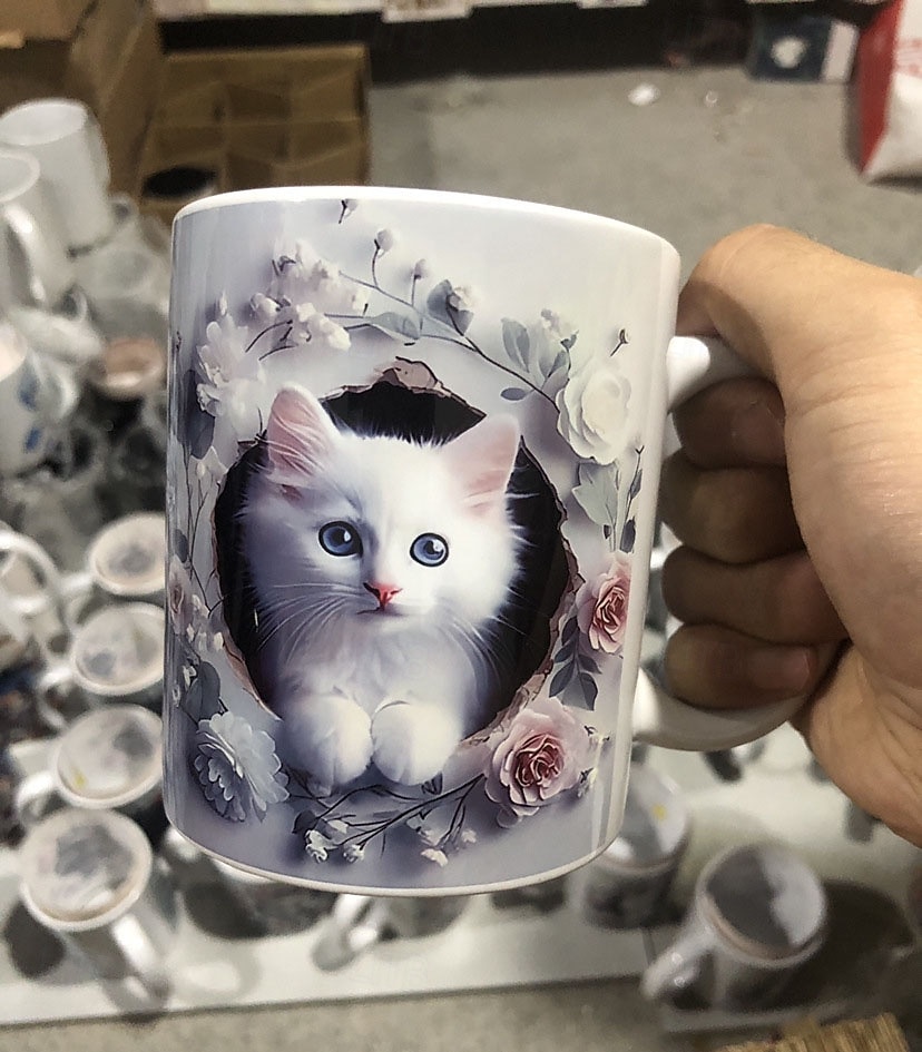 Hrnek na kávu o objemu 293 ml s roztomilým 3D motivem kočky, králíka a ptáka, termohrnek z keramiky, opakovaně použitelný, pouze ruční mytí, rozkošný zvířecí design s květinami, perfektní dárek ke 2026 - $16.99 –P23