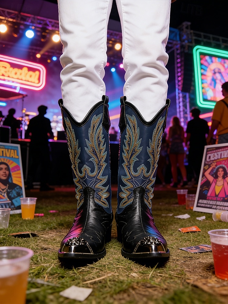 Echte leren cowboylaarzen voor heren met een opvallend bloemenpatroon, stijlvolle westernlaarzen voor een muziekfestival. 2026 - $189.99 –P1