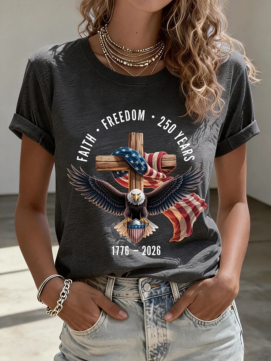 Uavhengighetsdagen Amerikansk Jubileum Patriotisk Dame T-skjorte Trykk Grafisk Flagget Bokstaver Stilig Klassisk Fritidskortermet Rundhals Vanlige Topper Daglig Blå Svart Hvit Rød Sommer Vår 2026 - $22.99 –P4