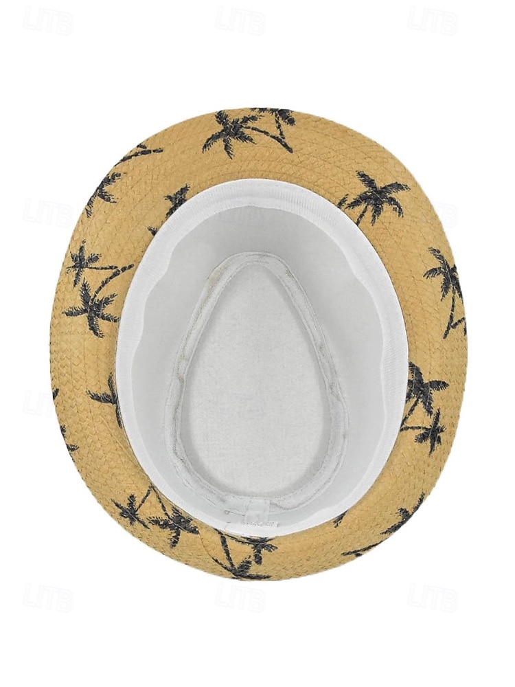 Sombrero fedora de paja para hombre con estampado de palmeras, ligero y transpirable, tejido para verano, disponible en varios colores, estilo informal de resort para vacaciones en la playa en primavera y uso diario. 2026 - $19.99 –P11