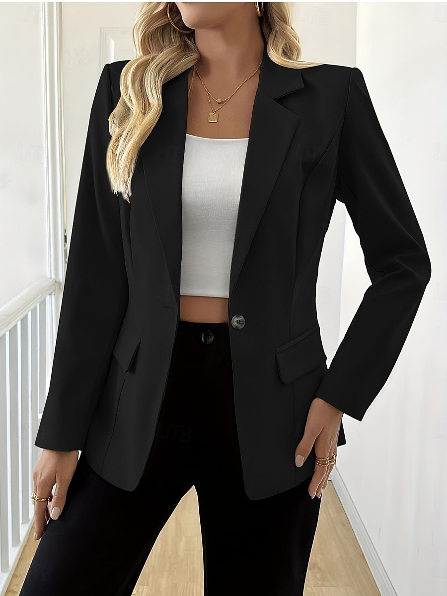Mulheres Blazer Confortável Bolsos Moda Casual Tecido Escritório Festa Rua Roupa Diária Padrão Lapela Chanfrada Normal Manga Longa agasalhos Preto Branco Azul Marinha Primavera Outono de 2026 por $35.99 –P15