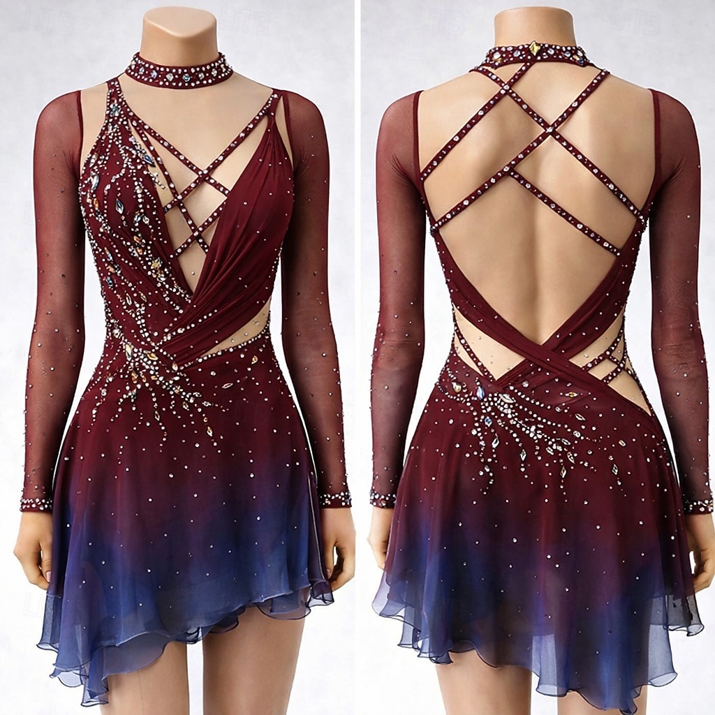 Figure Skating Dress Women's Ice Skating Dress Burgundy Patchwork Open Back Stretchy Training Competition Skating Wear Classic Crystal / Rhinestone Long Sleeve Ice Skating Figure Skating 2026 - $315.39 –P1