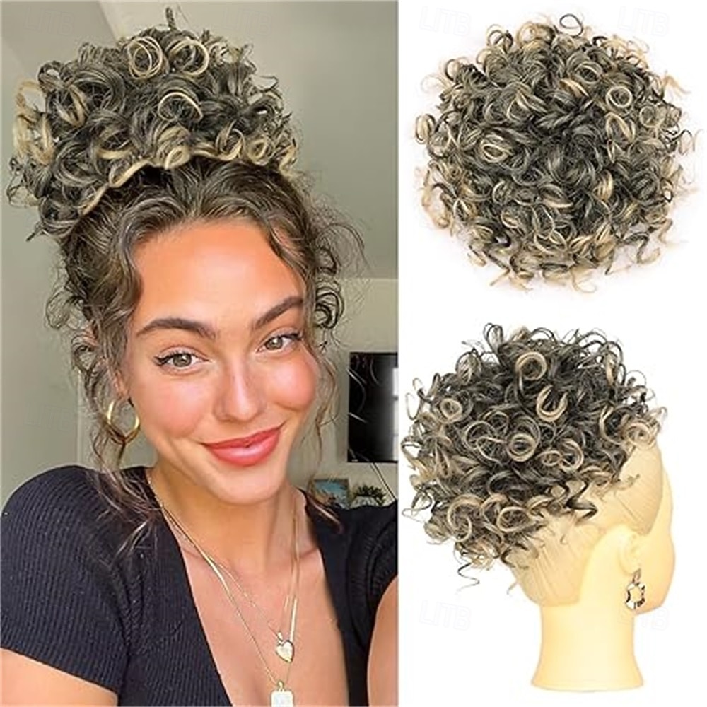 Nedbalý drdol pro ženy, 25 cm kudrnatý drdol, volné vlny, syntetické prodloužení vlasů, elastický stahovací drdol se šňůrkou pro každodenní použití (černý) 25 cm 2026 - $23.99 –P4