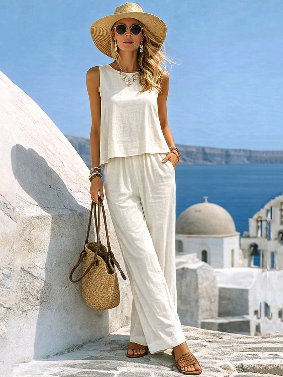 Per donna Set di biancheria in cotone Gilet in cotone e lino Set di Pantaloni Senza Maniche Girocollo Tinta unica Moda Streetwear Casuale Quotidiano All'aperto Bianco Giallo Beige Estate Vestibilit del 2026 a $36.99 –P7