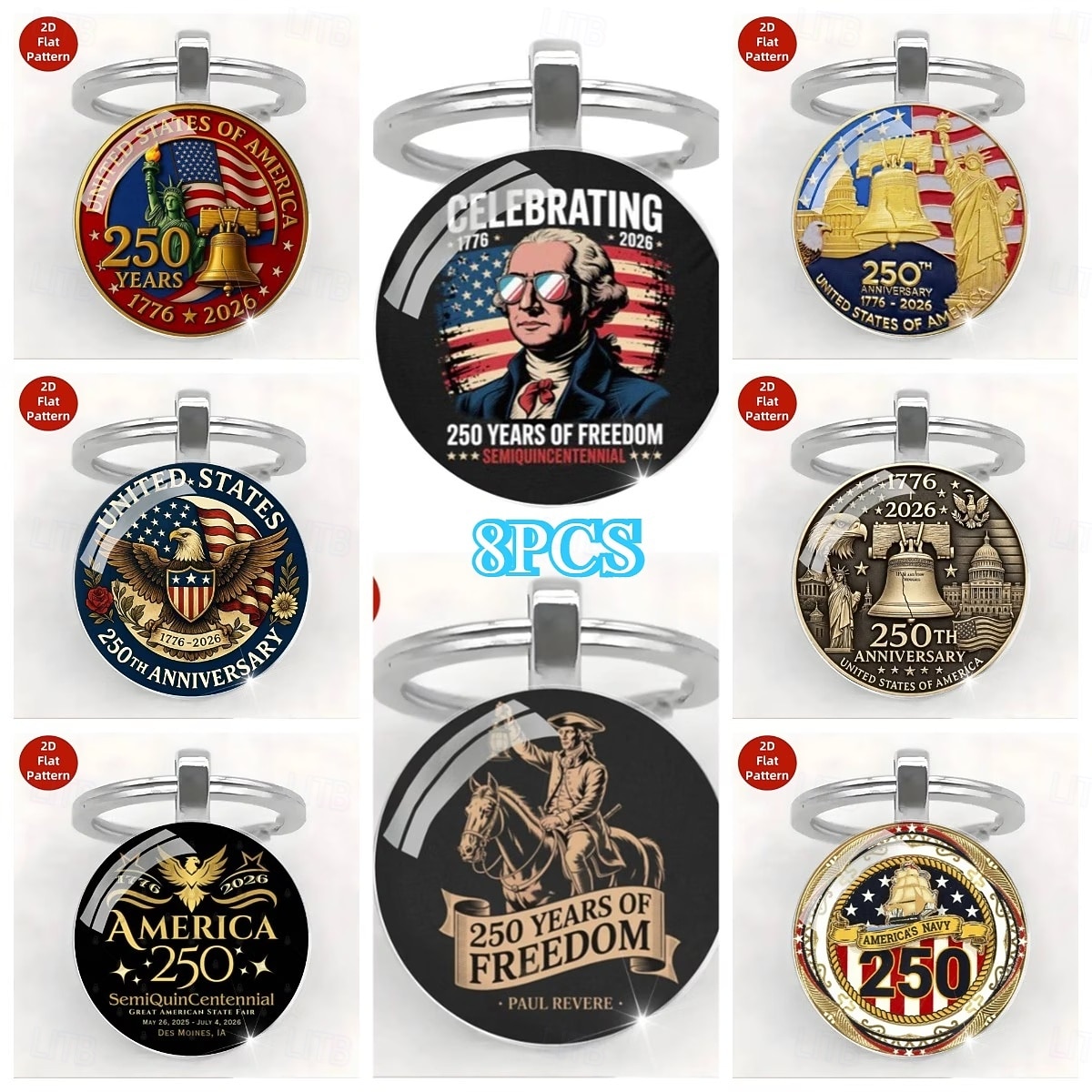 8 delar 250 år av frihet, amerikanskt 250-årsjubileum, nyckelringar i zinklegering &kristallglas, amerikansk historia &patriotiska symboler, amerikansk flagga &Eagle Capitol självständighetsdag 2026 - $13.99 –P2