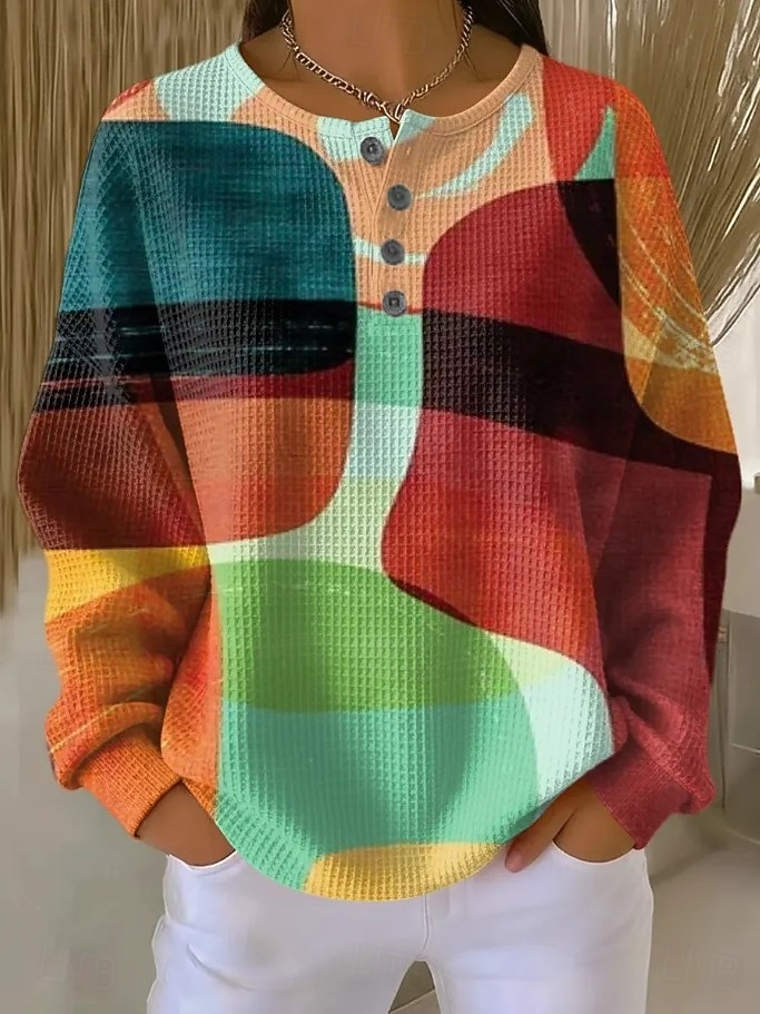 Per donna Felpe con cappuccio Bottoni Grafico Geometrico Blocco di colori Moda Casual Stampa Manica Lunga Girocollo Top Regolari Casuale Streetwear Rosa chiaro Rosa Verde Kaki Beige Estate Primavera del 2026 a $28.99 –P7