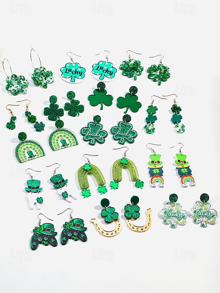Cercei acrilici cu trifoi pentru femei, cu tematică de Ziua Sfântului Patrick, cercei ușori cu trifoi și sclipici, bijuterii verzi irlandeze în mai multe stiluri, perfecți pentru parade de sărbători, petreceri și ținute festive. 2026 - $7.99 –P5