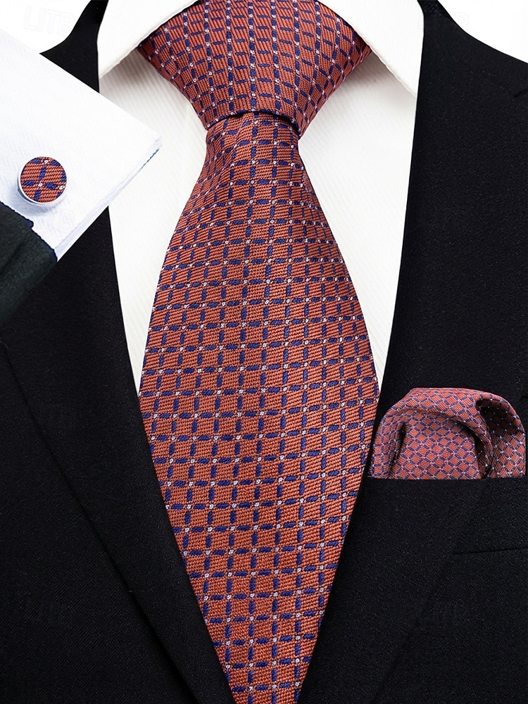 2026年 男性用フォーマルネクタイセット、ポケットチーフとカフスボタン付き - 結婚式、ビジネスパーティー、ガライベントに最適な高級ポリエステルチェック柄ネクタイ - スタイリッシュな花婿の付添人用スーツアクセサリー（複数色）  コレクション – $11.99 –P16