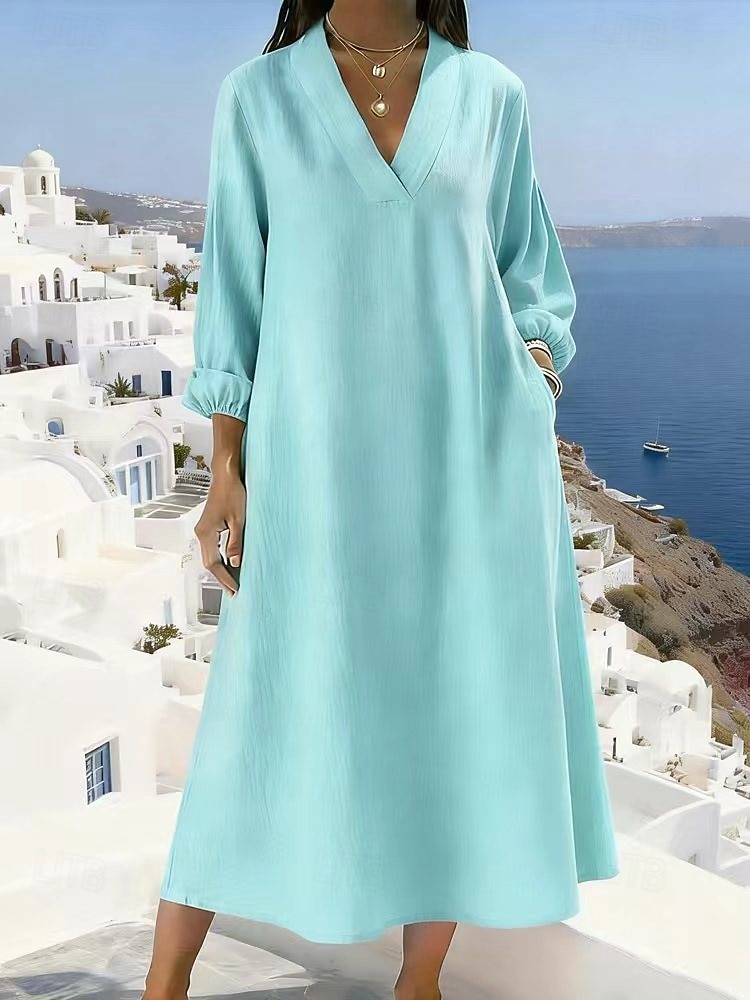 Women's Midi Dress Shift Dress Casual Dress Cotton Dress Fashion Modern Daily Weekend Loose Fit Plain Long Sleeve V Neck Blue Pink Green Khaki Summer Spring 2026 - $31.99 –P2