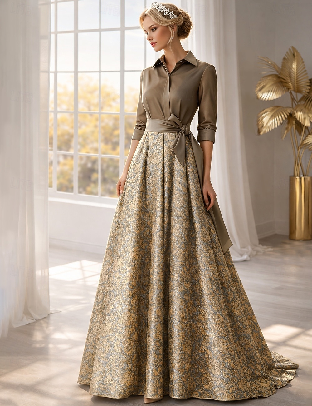 A-linja Kokopitkä Paitamekko Häävieraspuku Muodollinen mekko Morsiammen äidin asu Pitkähihainen Paitapuserokaula-aukko Tyylikäs Vintage Häät Muodollinen Nylon kanssa Kukkapainatus Rusetti(rusetit 2026 - $186.99 –P4