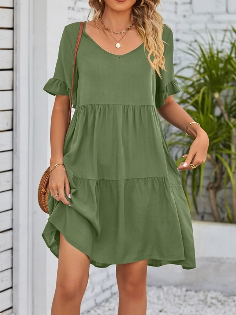 Dames Mini-jurk Casual jurk Katoenen jurk Zomerjurk Elegant Modieus Modern Buiten Vakantie Uitgaan Ruim Passend Effen Korte mouw V-hals Zwart Wit Leger Groen Bordeaux Zomer Lente 2026 - $21.99 –P19