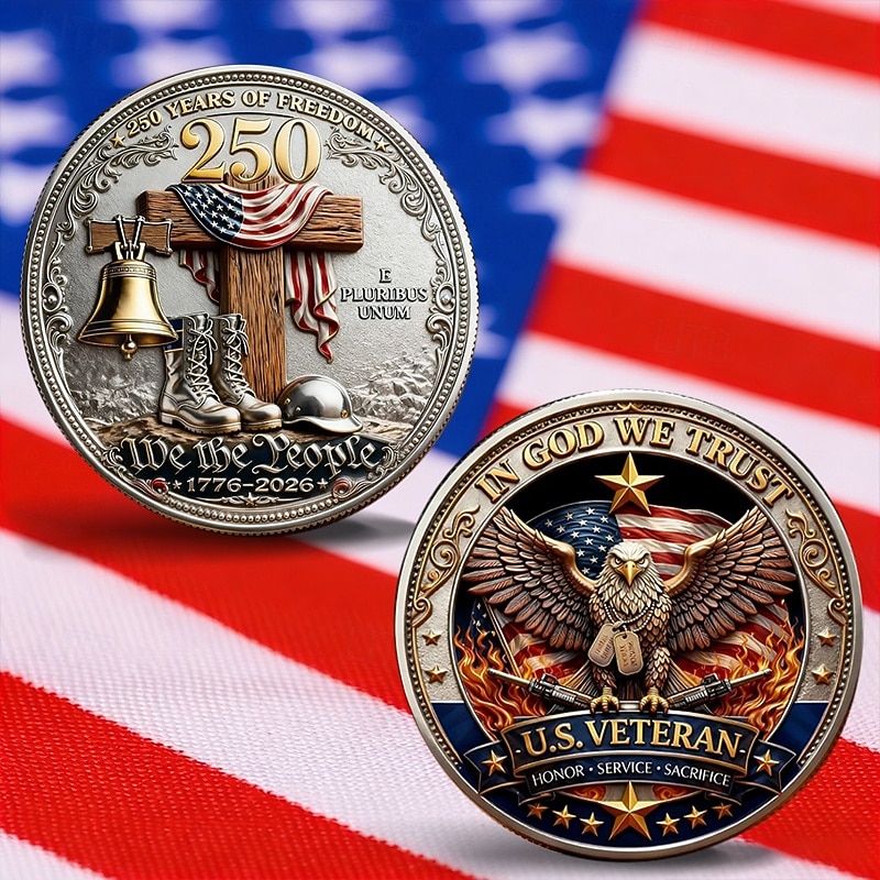 Pamětní mince amerického veterána s motivem „In God We Trust“ k 250 letům svobody, výzva k vyzvání, limitovaná edice z let 1776-2026 s orlem, vojenskými botami, Zvonem svobody a americkou vlajkou. 2026 - $19.99 –P1