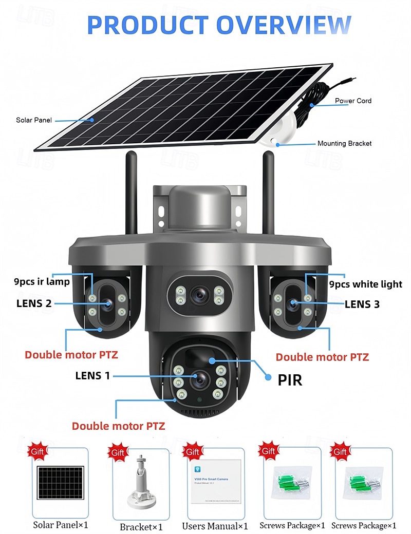 8K Solar-Powered Surveillance Camera Full HD Triple Lens Color Night Vision Human Detection Two-Way Audio IP66 Waterproof Rating 2026 - $185.99 –P9