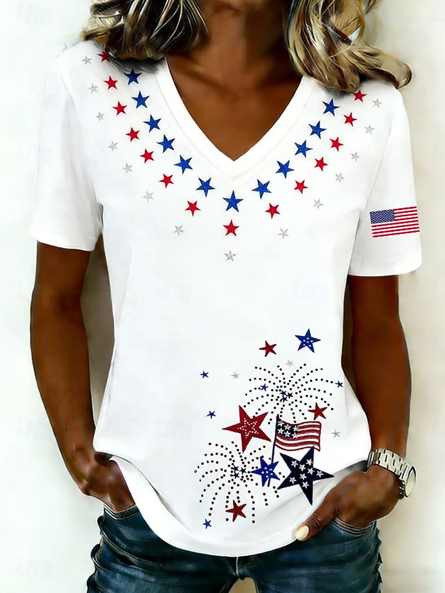 Amerikanska självständighetsdagen Dam T-shirt Mönster Grafisk Flagga Vintage Stylish Klassisk Kortärmad V-hals Långa toppar Dagligen Blå Svart Vit Sommar Vår 2026 - $21.99 –P1