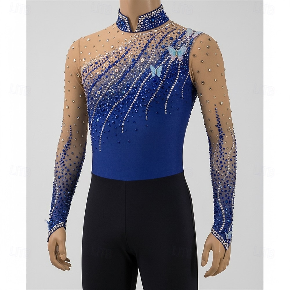 Figure Skating Top Men's Ice Skating Tops Blue Patchwork Stretchy ...