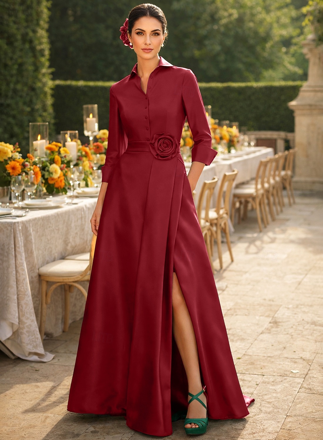 Corte A Hasta el Suelo Vestido de Camisa Vestido Invitada Boda Vestido formal Vestido de Madrina Manga 3/4 Cuello Camisero Elegante Boda Formal Tafetán Satén elástico con Abertura 2026 - $164.99 –P6