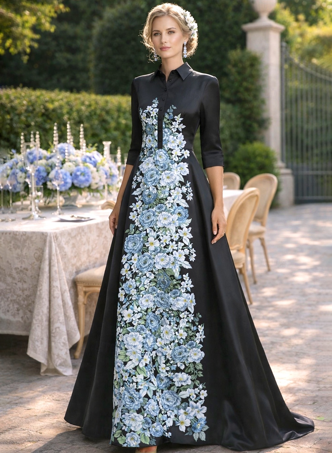 Linia -A Lungime Podea Rochii Tip Cămașă Rochie pentru invitata de nunta Rochie formala Rochie Mama Miresei Manșon Lung Guler Cămașă Elegant Epocă Nuntă Oficial Satin cu Imprimeu Floral 2026 - $183.99 –P10