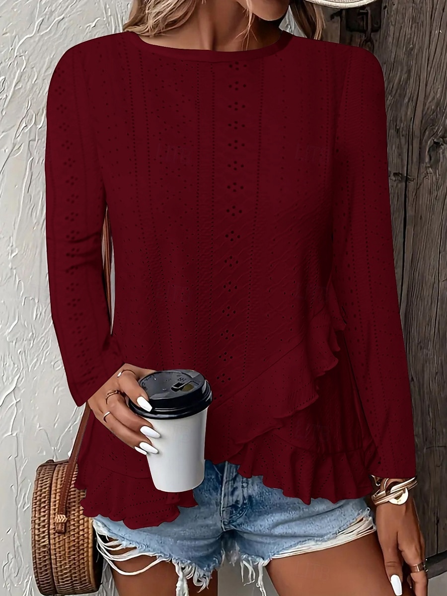 Pasqua Per donna Camicia traforata Top traforato Blusa Volant Traforato Tinta unica Elegante Essenziale Casual Manica Lunga Girocollo Top Regolari Casuale Quotidiano Spiaggia Blu Bianco Giallo Vino del 2026 a $21.99 –P9