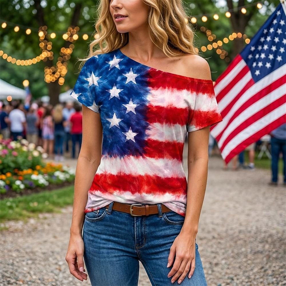 250ή Επέτειος ΗΠΑ Ρετρό / Βίντατζ Δεκαετία '80 Κοντομάνικο Ένας Ώμος Κοντά μανίκια Σημαία ΗΠΑ Φανταχτερή Φόρεμα Γυναικεία 4η Ιουλίου Ημέρα της ανεξαρτησίας Ενηλίκων Φανέλα 2026 - $18.99 –P1