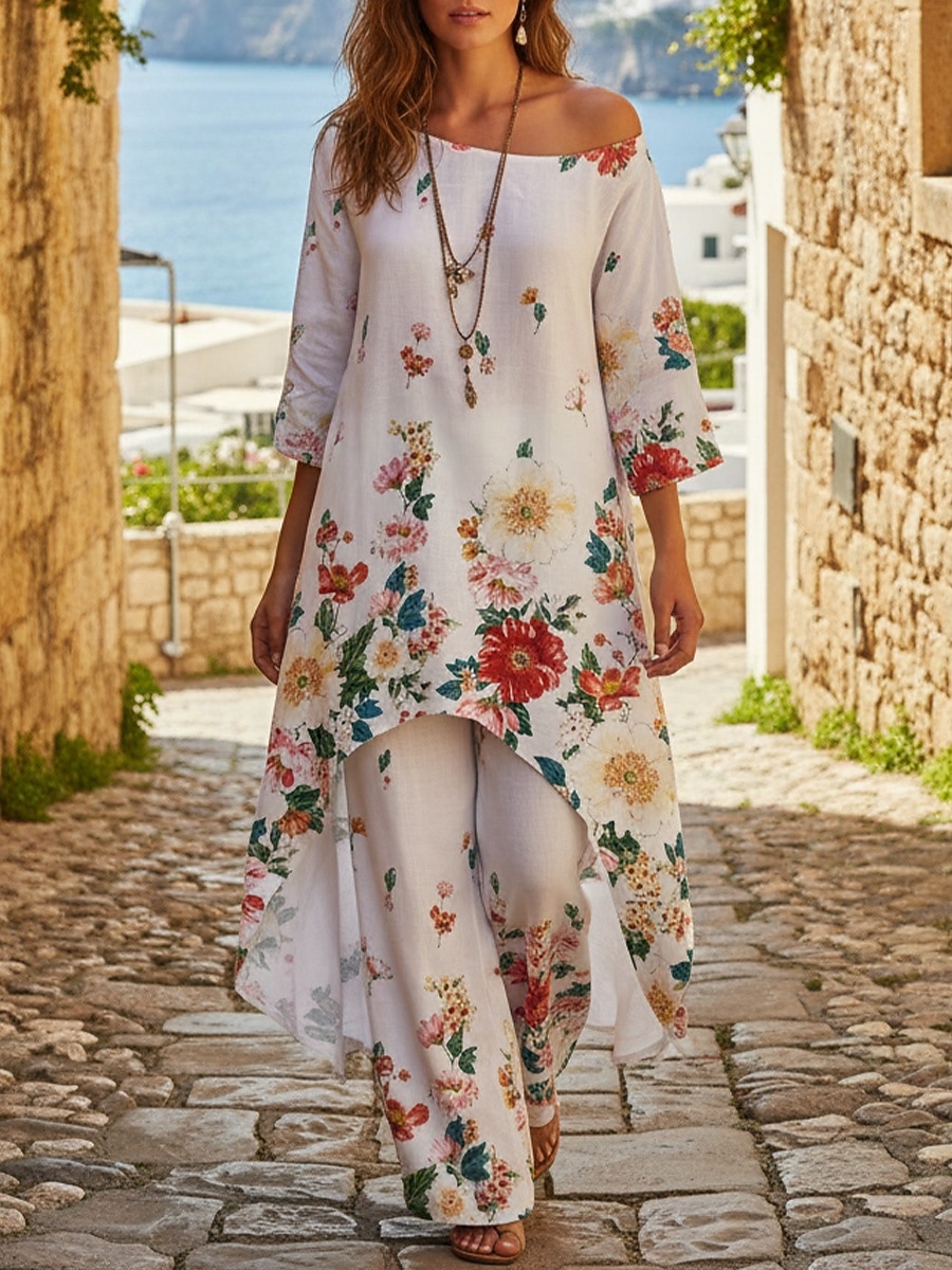 Dame Todelt sett Buksesett Bolero topp Langermet Crew-hals Blomstret Grafisk Bohem Mote Gatemote Avslappet Daglig utendørs Hvit Rosa Marineblå Vår Løstsittende 2026 - $45.99 –P1