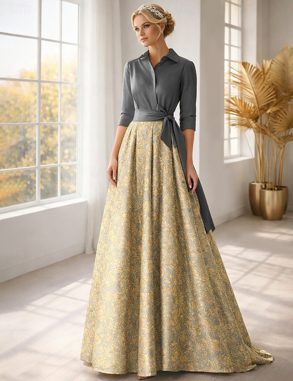 A-linja Kokopitkä Paitamekko Häävieraspuku Muodollinen mekko Morsiammen äidin asu Pitkähihainen Paitapuserokaula-aukko Tyylikäs Vintage Häät Muodollinen Nylon kanssa Kukkapainatus Rusetti(rusetit 2026 - $186.99 –P7