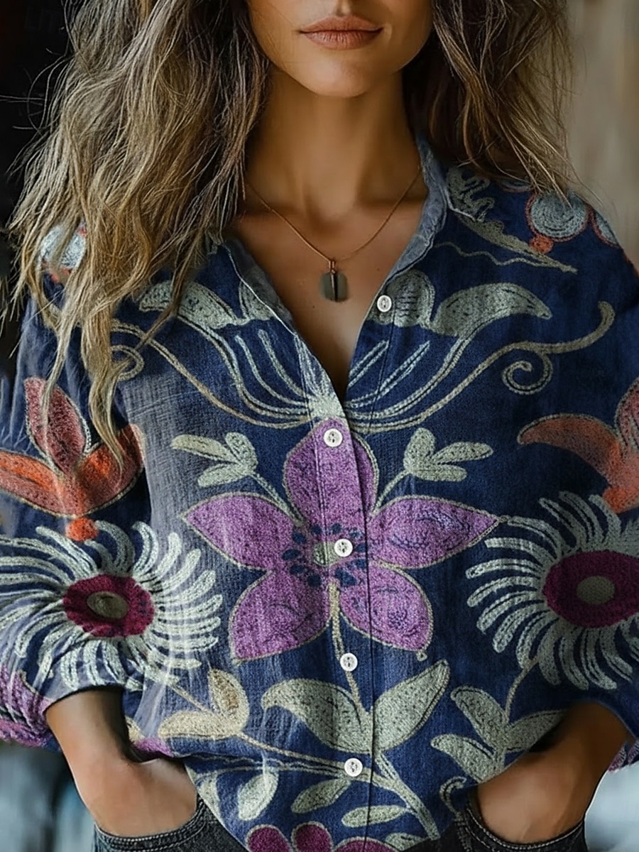 Women's Shirt Faux Cotton Linen Buttons Print Floral Graphic Bohemia Active Vintage Long Sleeve Shirt Collar Regular Tops Daily Holiday Blue Summer Spring Fall 2026 - $35.99 –P1