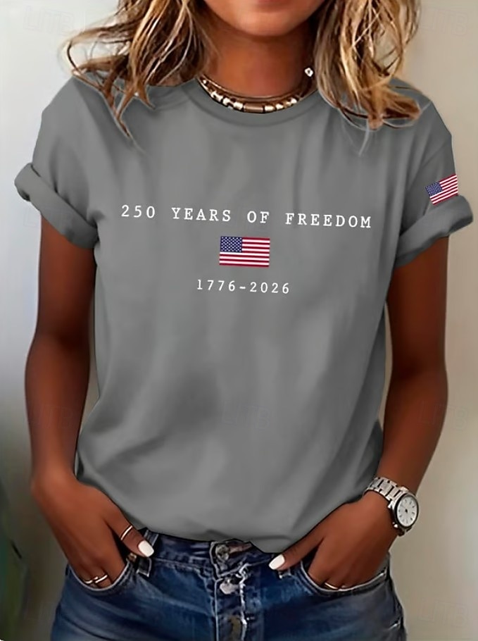 Amerikanska självständighetsdagen Dam T-shirt Mönster Grafisk Självständighetsdagen Vintage Stylish Klassisk Kortärmad Rund hals V-hals Vanliga toppar Dagligen Blå Svart Vit Rubinrött Grå Sommar Vår 2026 - $22.99 –P7