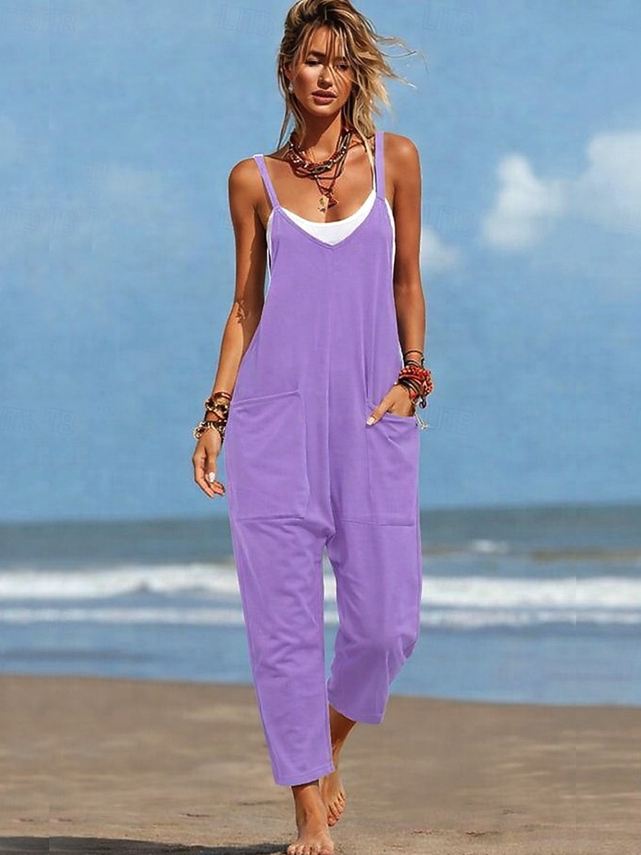2026年 女性用 標準 ジャンプスーツ 活発的 純色 ノースリーブ Ｖネック ポケット 日常 ビーチ ルーズフィット ブラック ワイン パープル 夏  コレクション – $25.99 –P9