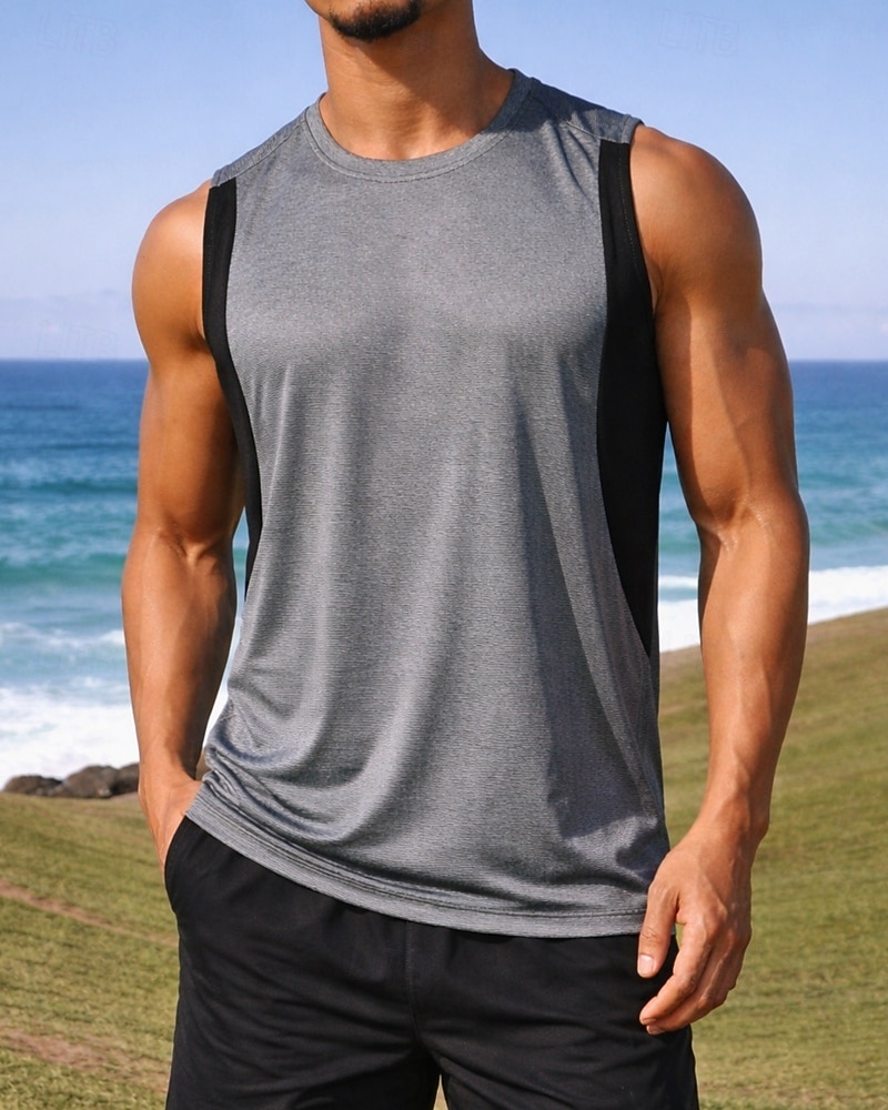 2026年 男性用 カラーブロック ワークアウトタンクトップ ランニングタンクトップ スポーツトップ 夏 パッチワーク ノースリーブ 速乾性 吸汗性 高通気性 ジムトレーニング ウォーキング ジョギング スカイブルー ダークグレイ ライトグレー スポーツウェア アクティブウェア  コレクション – $11.49 –P5