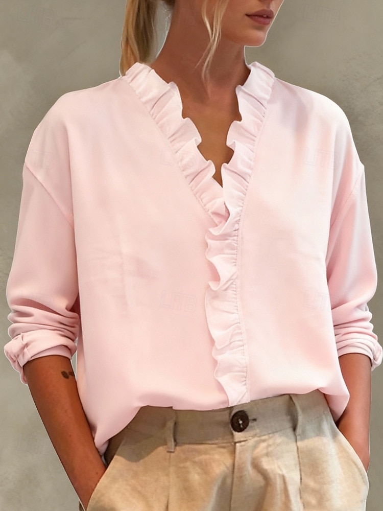 Women's Linen-feel Shirts Blouse Ruffle Solid Color Stylish Basic Casual Long Sleeve V Neck Regular Tops Daily Blue White Pink Royal Blue Green Spring Fall 2026 - $21.99 –P3