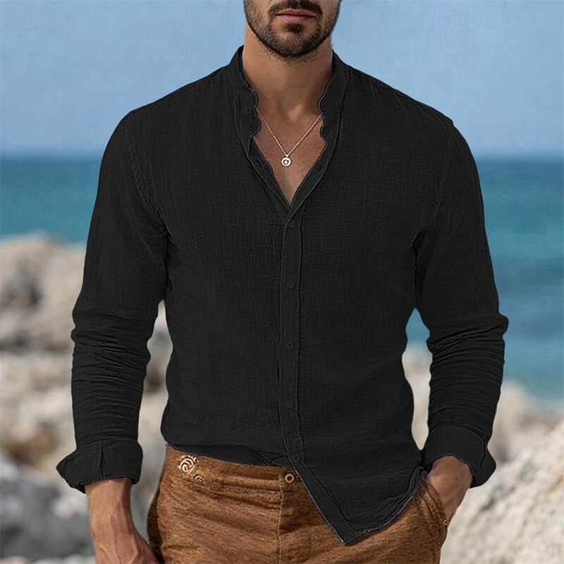 Homens Camisa Social Camisa de linho Camisa de colarinho chinês Camisa gola mandarim Camisa casual camisa de botão Tecido Streetwear Férias Azul Preto Branco Rosa Manga Longa colarinho do vovô de 2026 por $31.99 –P6