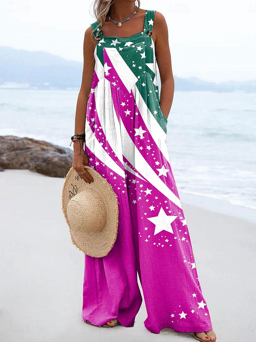 Unabhängigkeitstag Patriotic Damen Latzhose Aktiv Grafik Ärmellos Weite Beinform Quadratischer Ausschnitt Taschen Knöpfe Alltag Strand Lockere Passform Gelb Rot Lila Sommer 2026 - $43.99 –P2