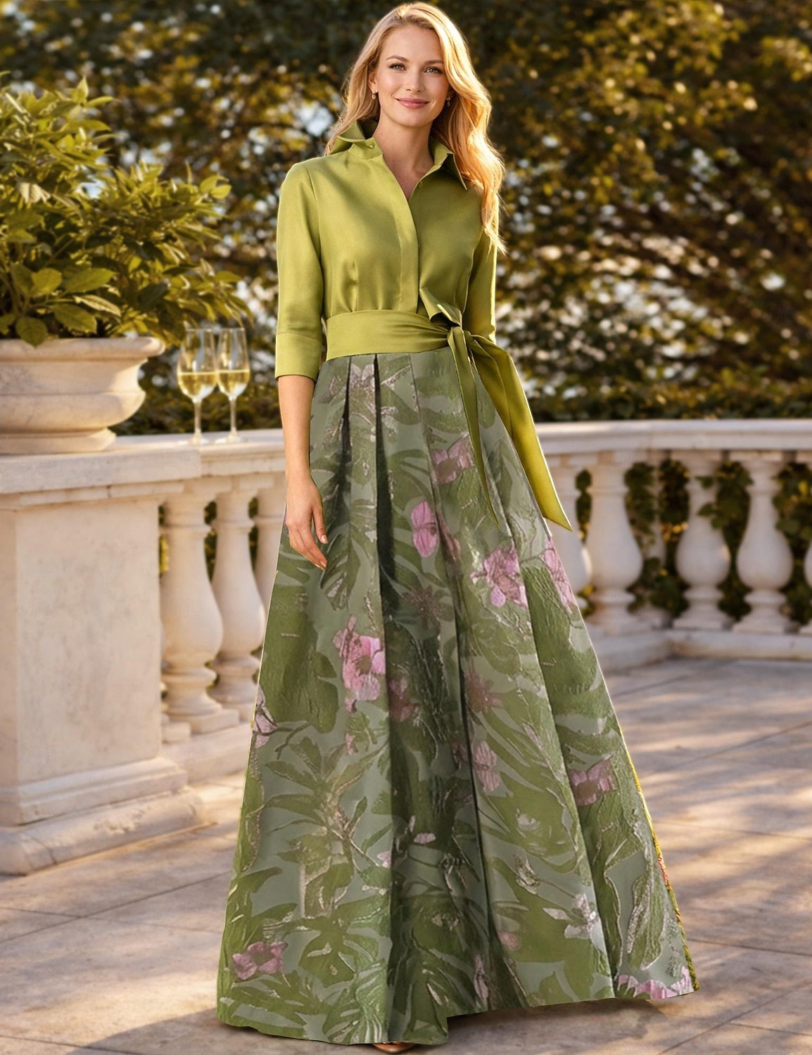 A-Line Floor Length Shirt Dress Wedding Guest Dress Formal Dresses Mother of the Bride Dress Long Sleeve Shirt Collar Elegant Vintage Wedding Formal Nylon with Floral Print Bow(s) Slit 2026 - $186.99 –P5