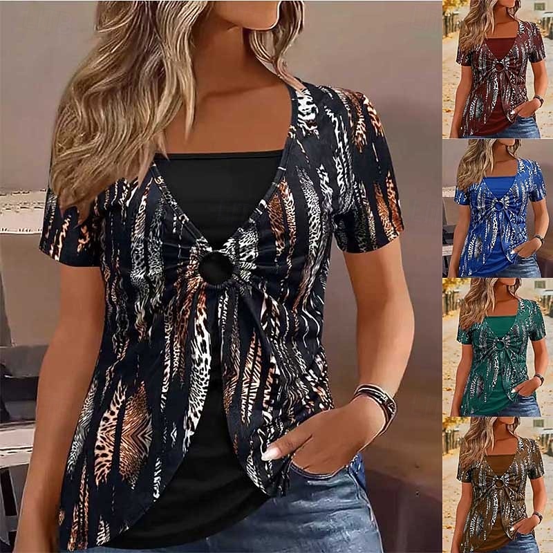 Mujer Camiseta Camiseta superior Retazos Estampado Bloque de color Moda Elegante Casual Manga Corta Cuello Barco Tops regulares Diario Noche Fin de semana Azul Piscina Negro Vino Verde Trébol Café 2026 - $22.99 –P1