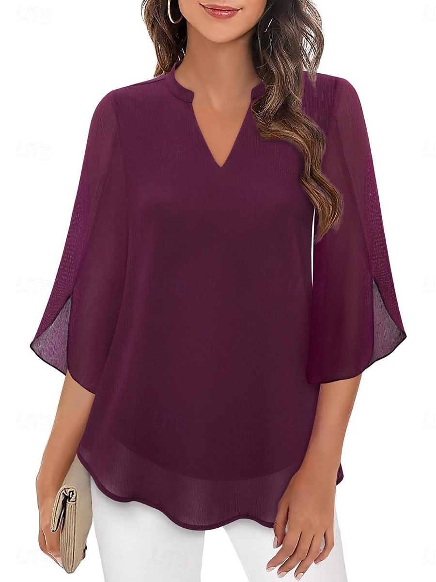 Women's Blouse Solid Color Elegant Stylish Casual 3/4 Length Sleeve V Neck Regular Tops Daily Pink Wine Red Royal Blue Green Summer Spring 2026 - $21.99 –P6