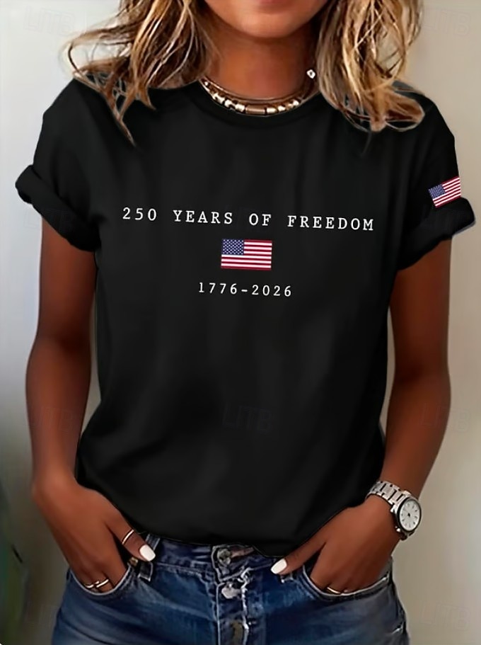 Amerikanska självständighetsdagen Dam T-shirt Mönster Grafisk Självständighetsdagen Vintage Stylish Klassisk Kortärmad Rund hals V-hals Vanliga toppar Dagligen Blå Svart Vit Rubinrött Grå Sommar Vår 2026 - $22.99 –P3