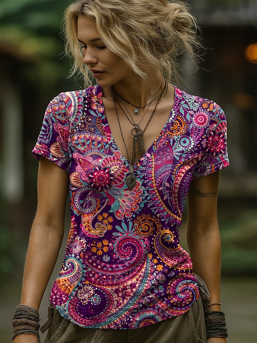 Damen T Shirt Druck Grafik Paisley-Muster Pflanzen Bohemien Vintage Stilvoll Kurzarm V Ausschnitt Lange Oberteile Täglich Ausgehen Wochenende Blau Schwarz Marineblau Braun Grün Sommer Frühling 2026 - $21.99 –P2