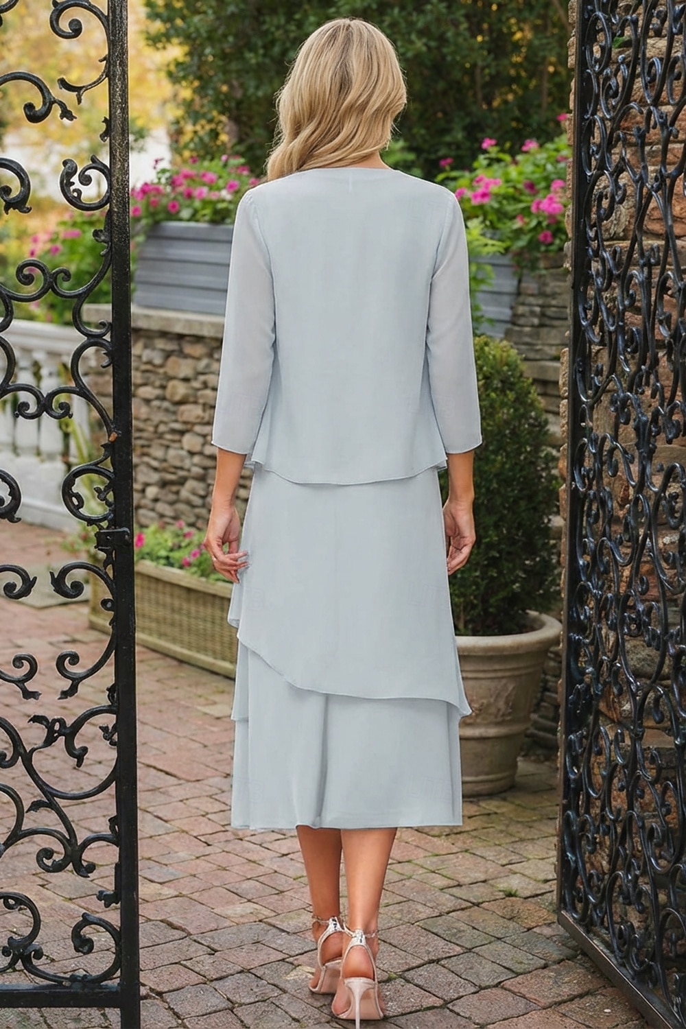 Tubino Colonna Lunghezza Tè Abito da invitata a nozze Abito da cerimonia per signora Manica 3/4 Collo gioiello Elegante Ospite di nozze Chiffon Con Stola con Arricciatura del 2026 a $160.99 –P10